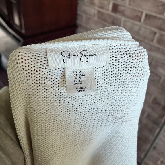 JESSICA SIMPSON‎ Sweater Cardigan Button Crochet Crop Cream Size Medium (K445) - Picture 8 of 8